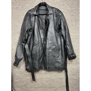 Content Coat Mens Medium Black Leather Belted Zip Pockets Lined Overcoat Casual